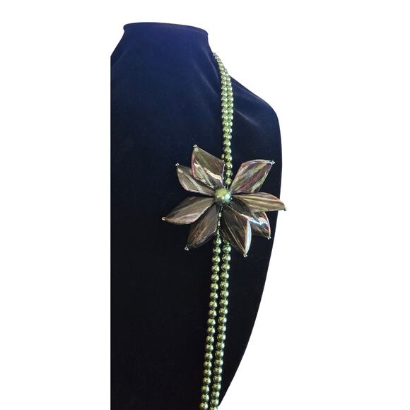 Green Beaded Flower Statement Necklace | Long Double Strand | NIB - Picture 2 of 4